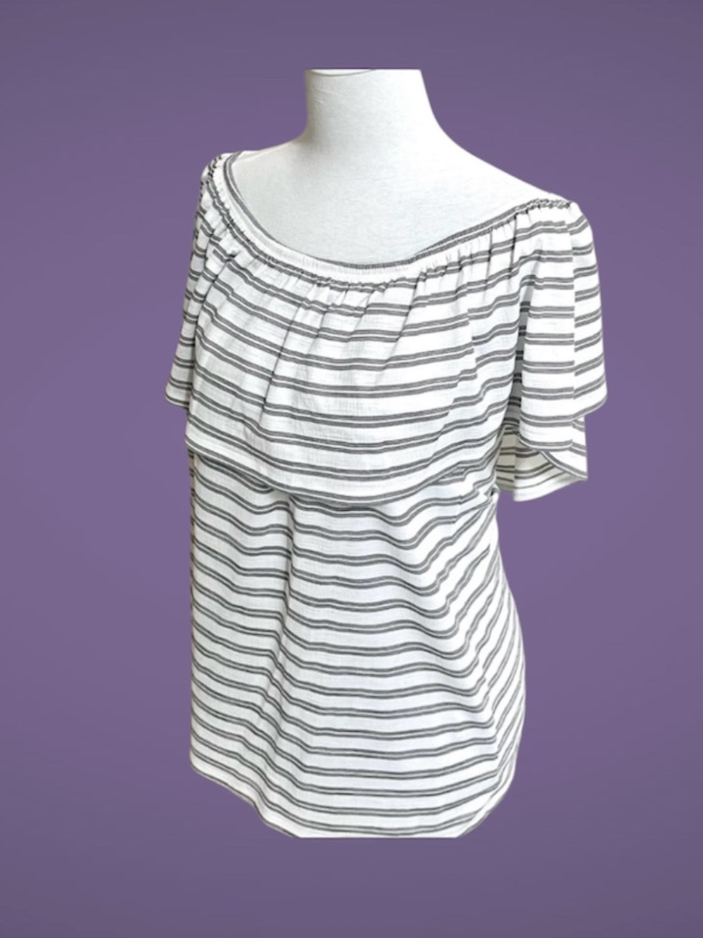 Ivanka Trump Coastal Blouse Size L Off the Shoulder Black & White Stripes